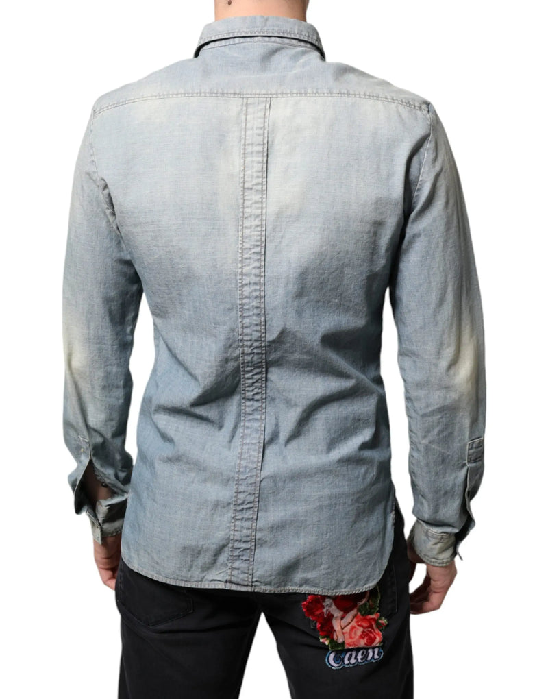 Light Blue Printed Cotton Denim Long Sleeves Shirt John Galliano