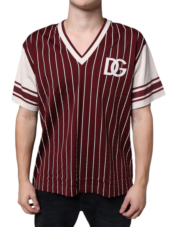 Maroon Stripes Cotton Logo V-neck T-shirt Dolce & Gabbana