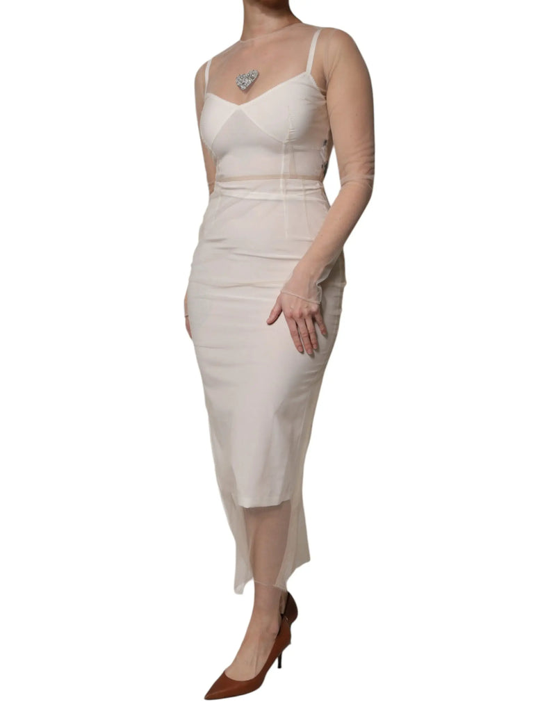 White Sheer Tulle Bustier Bodycon Midi Dress Dolce & Gabbana