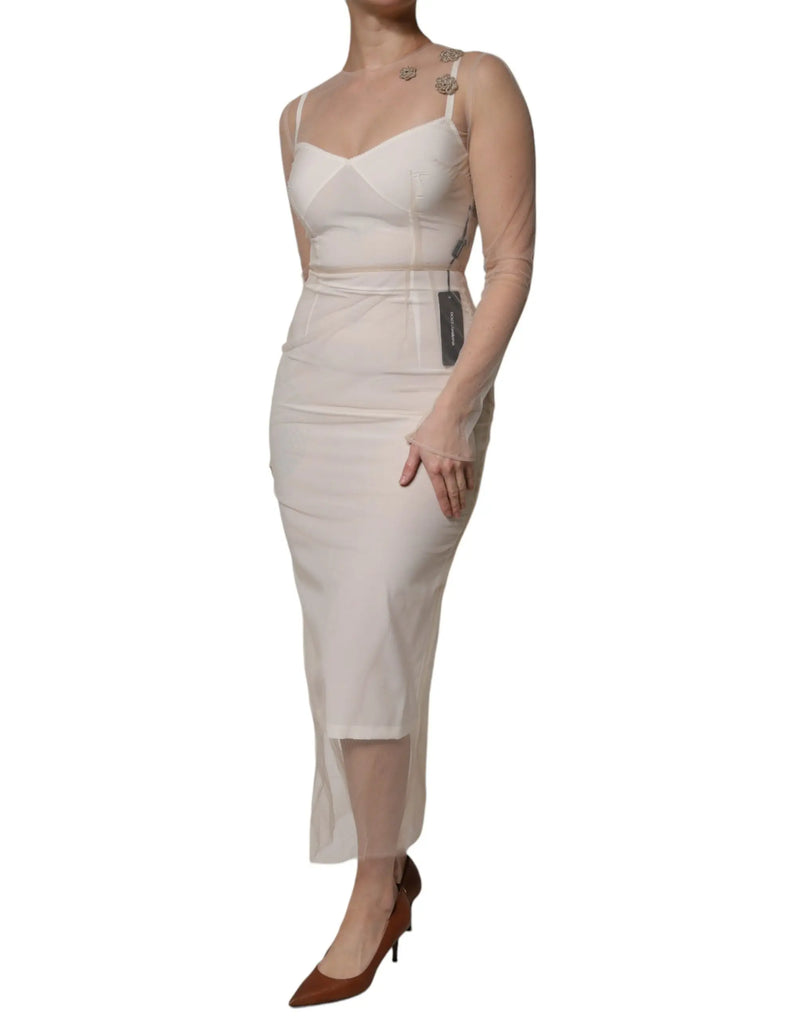 White Sheer Tulle Bustier Bodycon Midi Dress Dolce & Gabbana