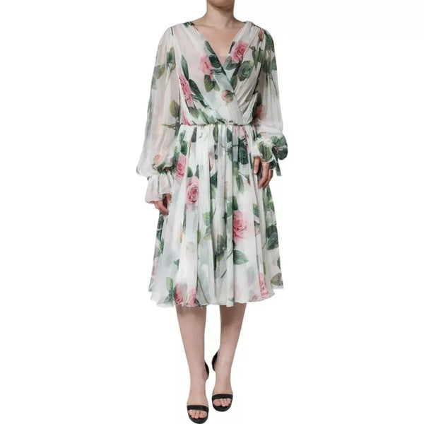 White Silk Floral Print A-line Midi Dress Dolce & Gabbana