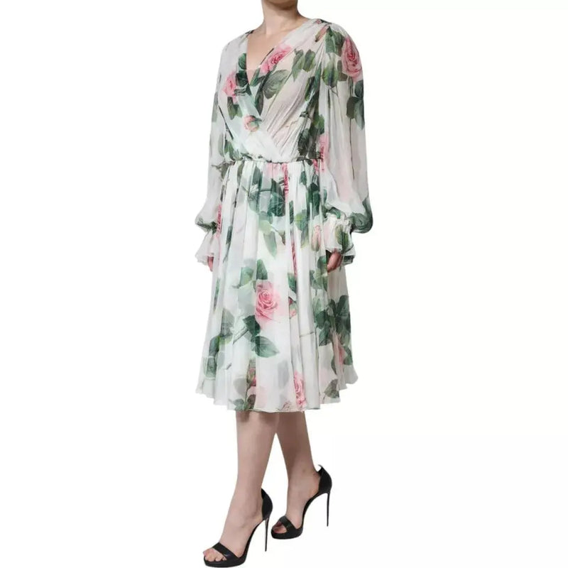 White Silk Floral Print A-line Midi Dress Dolce & Gabbana