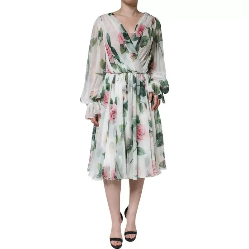 White Silk Floral Print A-line Midi Dress Dolce & Gabbana